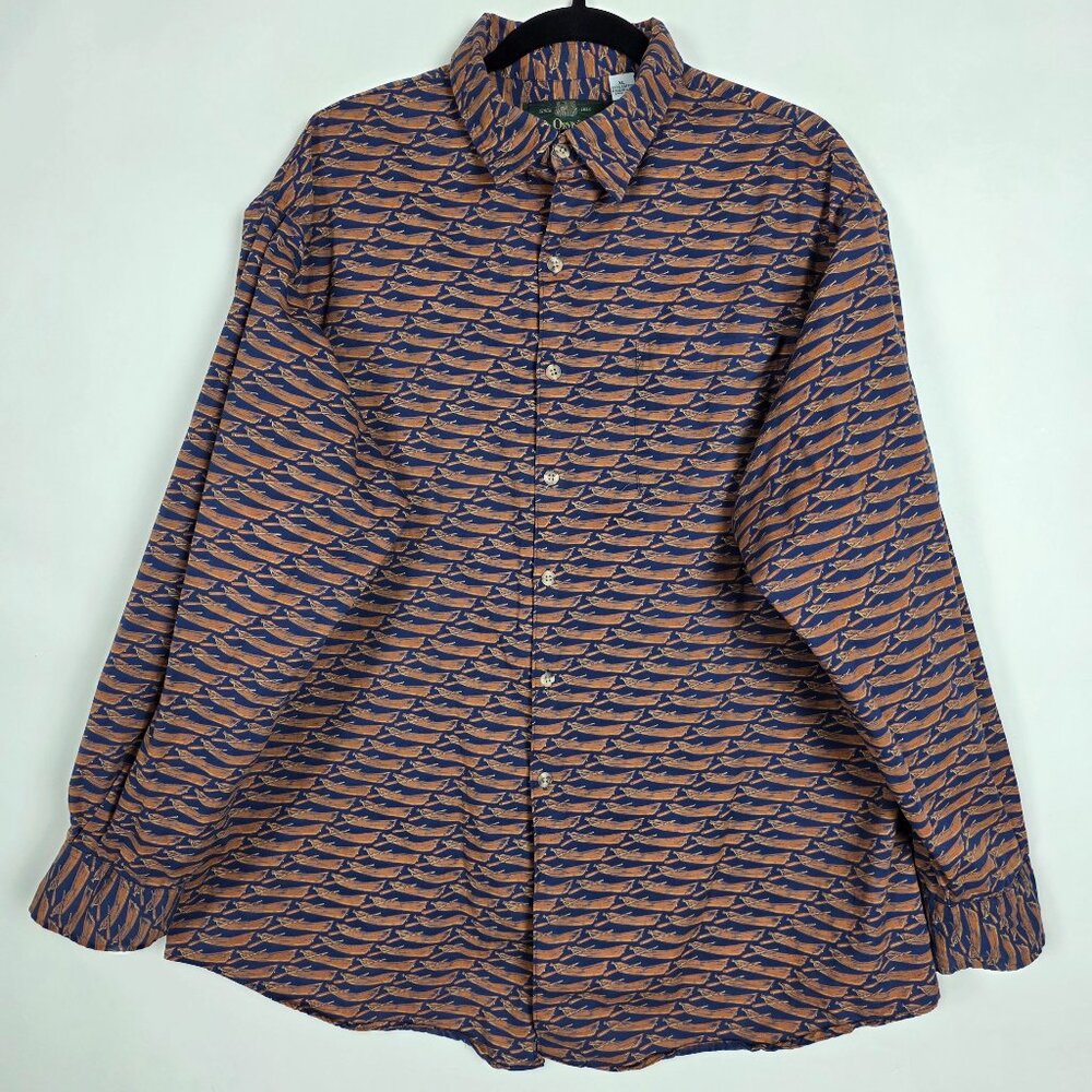 Vintage Orvis Nautical Boat Canoe Mens XL Long Sleeve Graphic Button Shirt